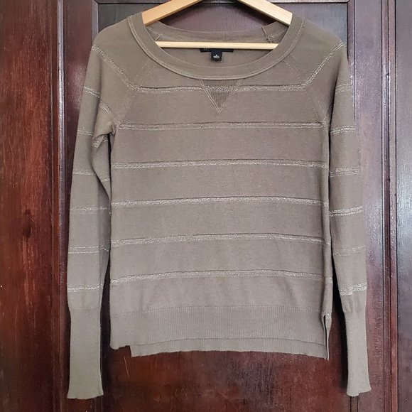 Banana Republic taupe silk blend sweater, metallic stripes, raglan sleeves - Picture 1 of 8